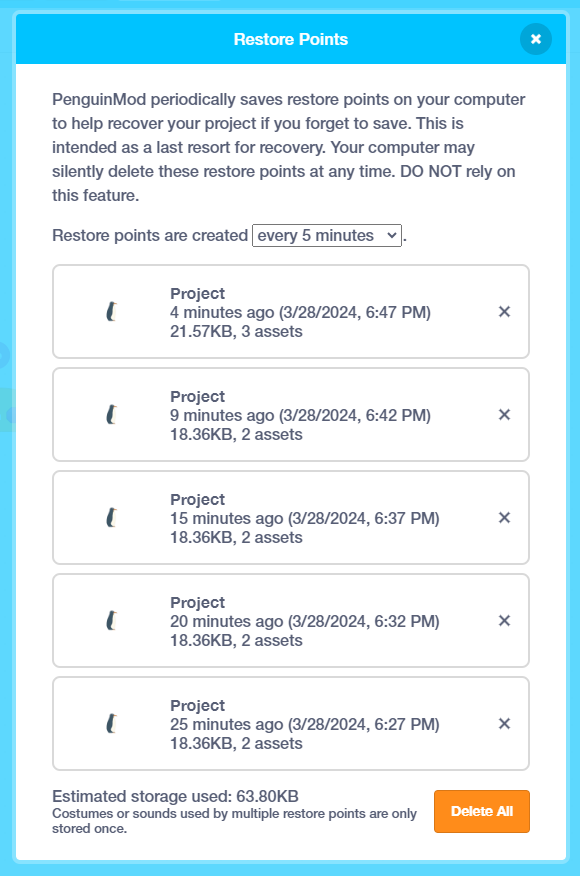 Restore Points menu